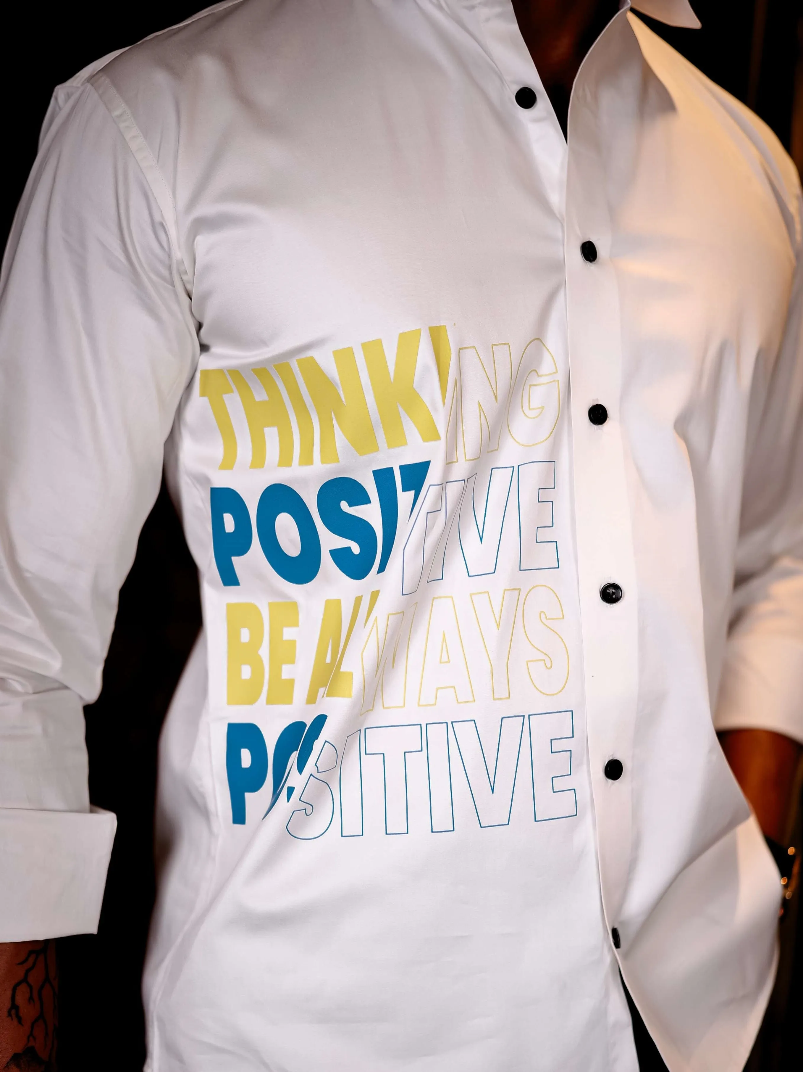 White Think Positive Be Always Positive Club Wear Printed Satin Cotton Shirt