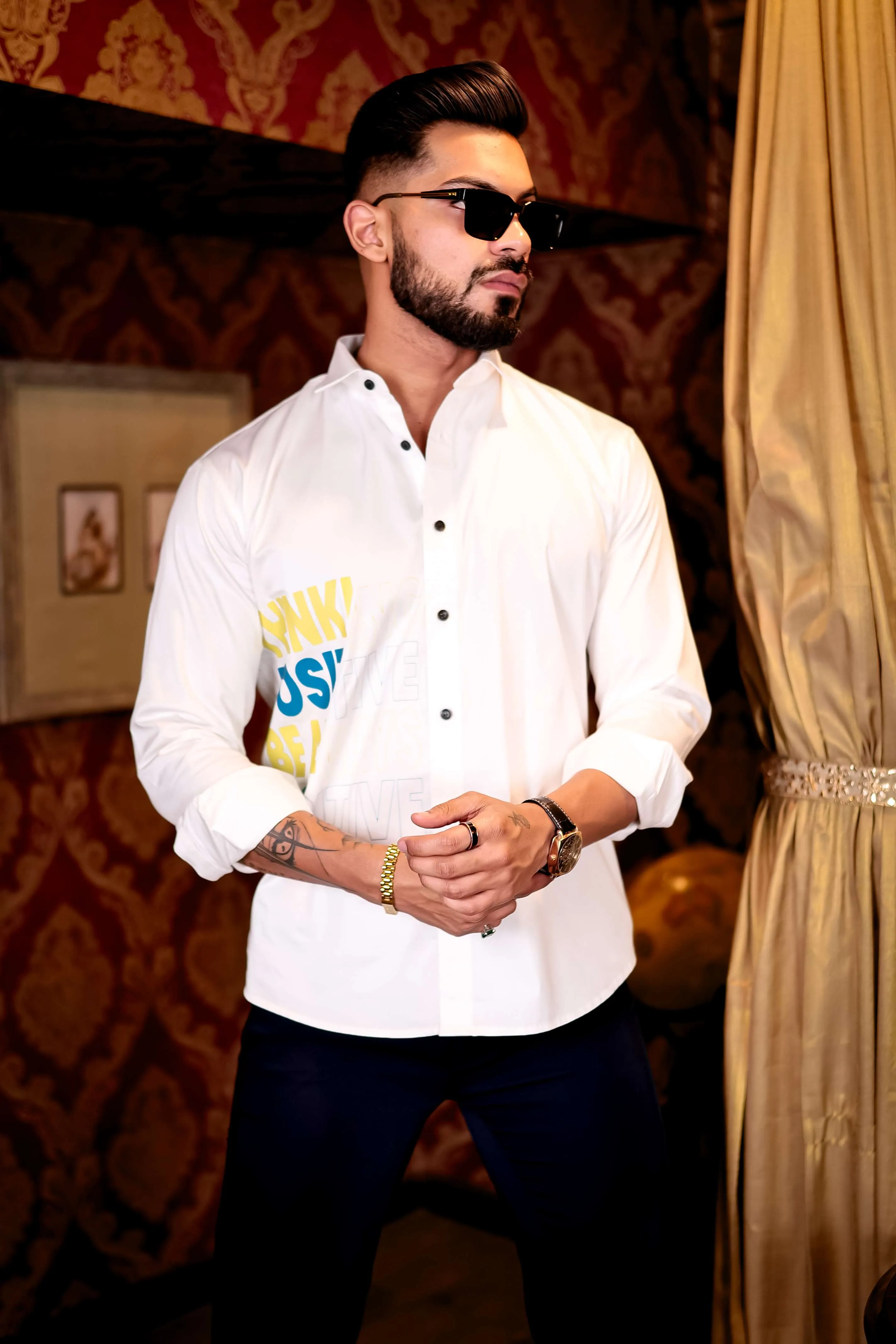 White Think Positive Be Always Positive Club Wear Printed Satin Cotton Shirt