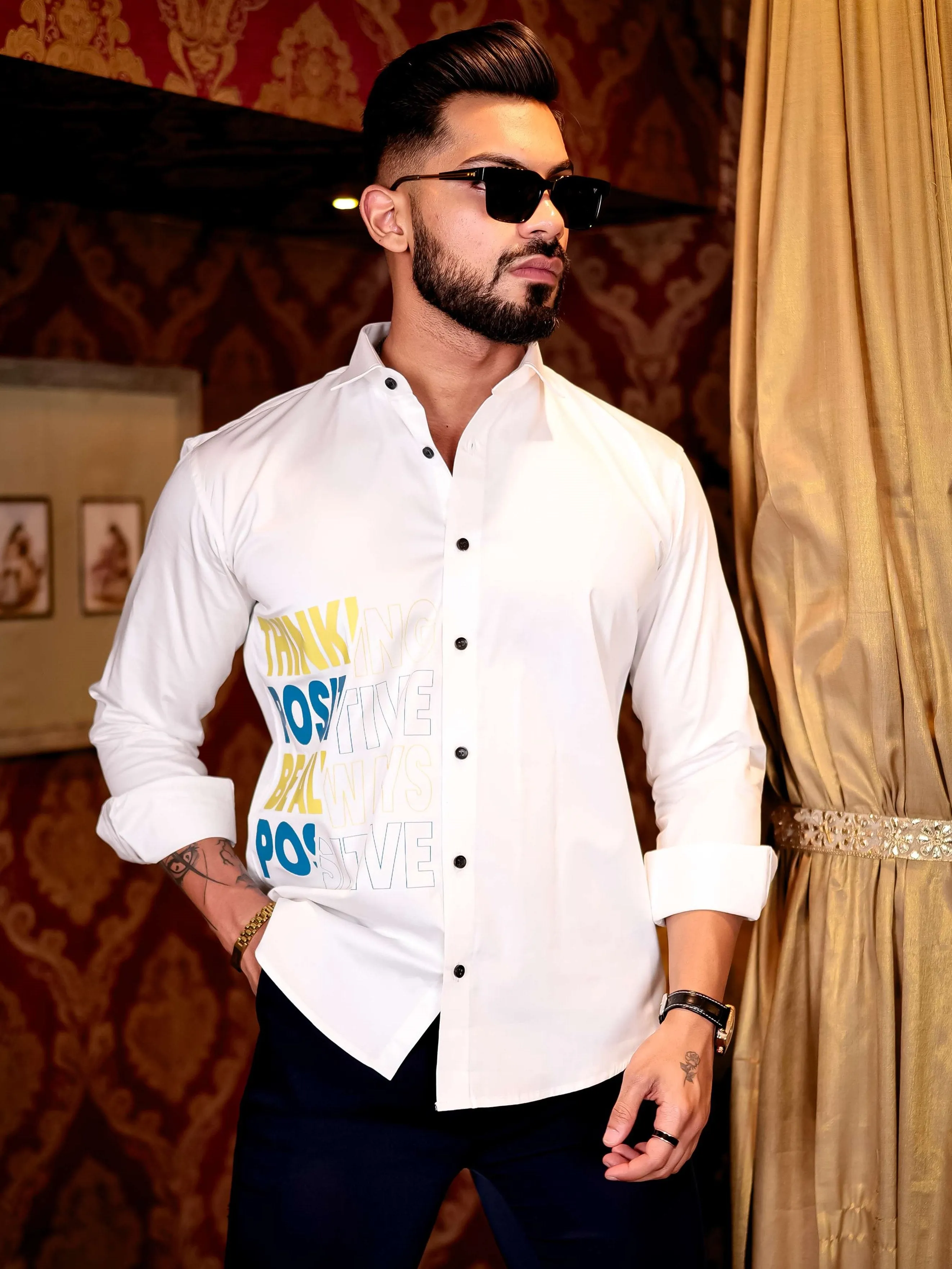 White Think Positive Be Always Positive Club Wear Printed Satin Cotton Shirt