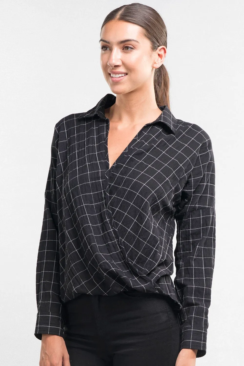 Windowpane Plaid Surplice Top