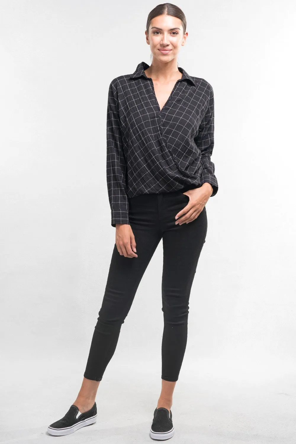 Windowpane Plaid Surplice Top