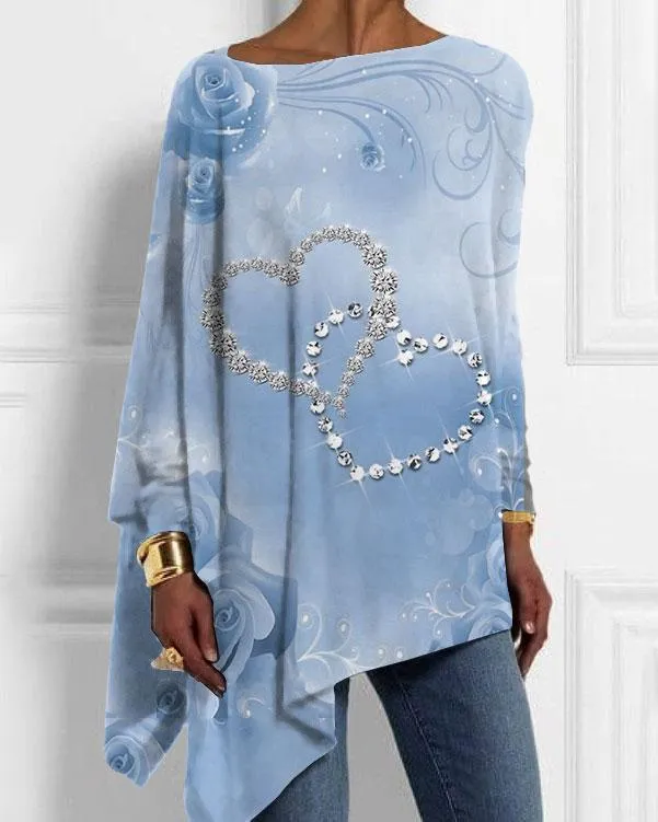 Women's 3D Diamond Heart Print Irregular Top