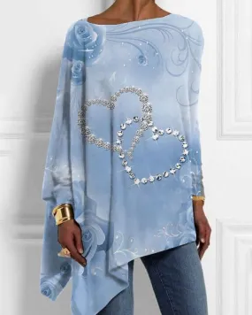 Women's 3D Diamond Heart Print Irregular Top