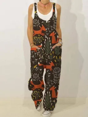 Women's Cute Fox Pockets Sleeveless Jumpsuit