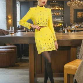 Women's Skirt Suit Fitted Beaded Short Crop Top   Mini Skirt Suit