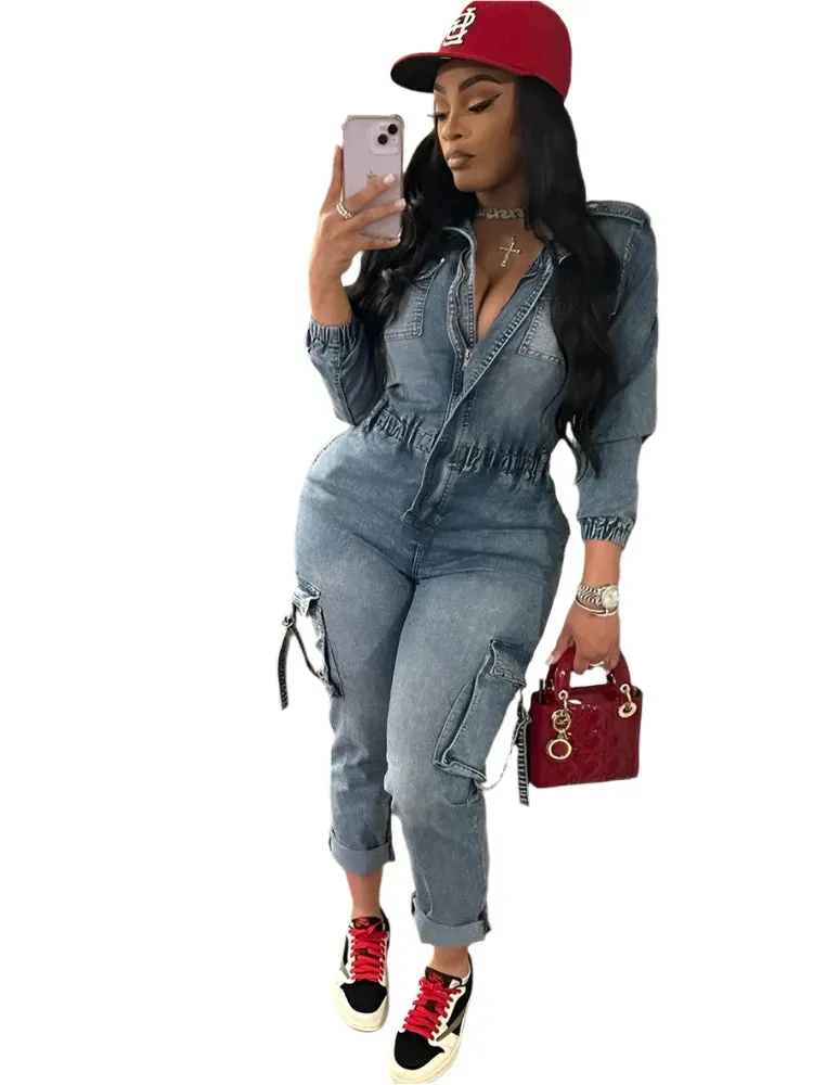 Women's Y2K Denim Cargo Jumpsuit - Fashion Patchwork Jean Overalls with Pockets, Lapel Zipper Stretch Playsuit for Fall & Winter Streetwear