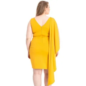 Yellow Back Shoulder Cape Plus Size Mini dress
