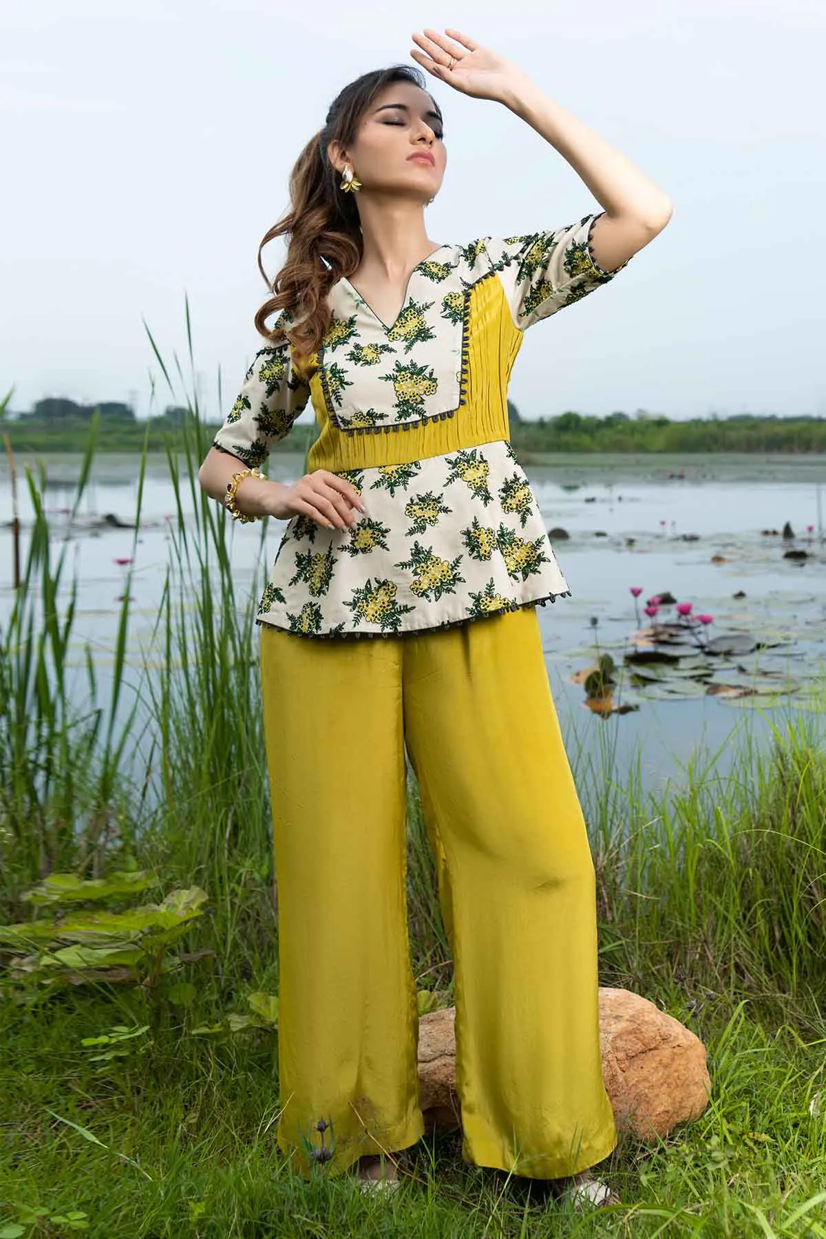 Yellow Peplum Flared Jumpsuit