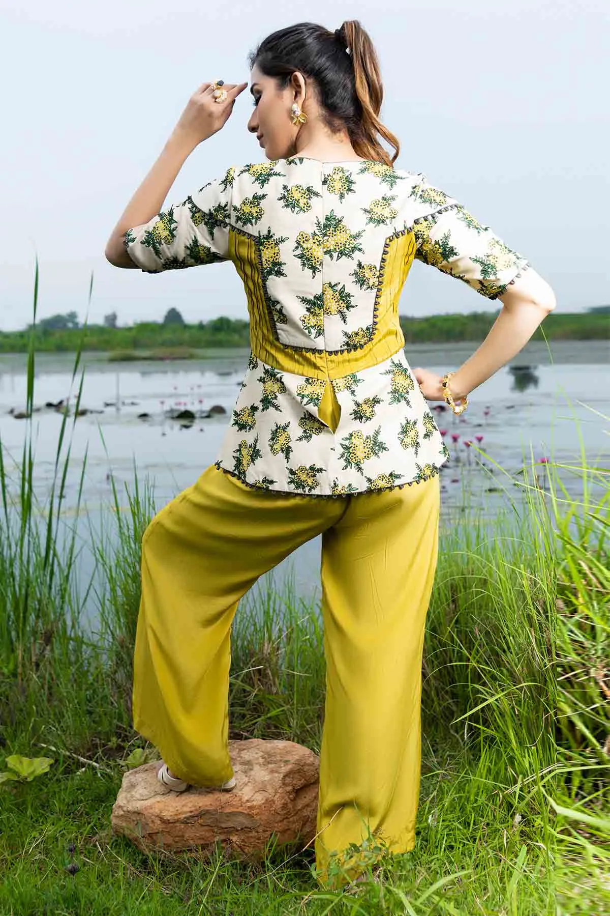 Yellow Peplum Flared Jumpsuit