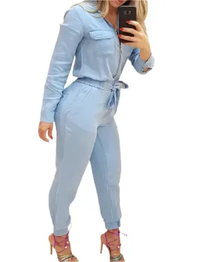Zipper Pocket Design Long Sleeve Jumpsuit for Women - Slim Fit Lace-Up Waist Romper Casual Overalls