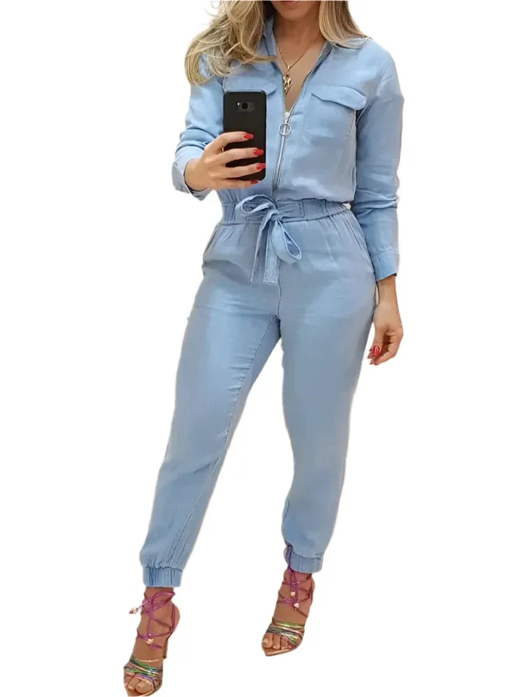 Zipper Pocket Design Long Sleeve Jumpsuit for Women - Slim Fit Lace-Up Waist Romper Casual Overalls