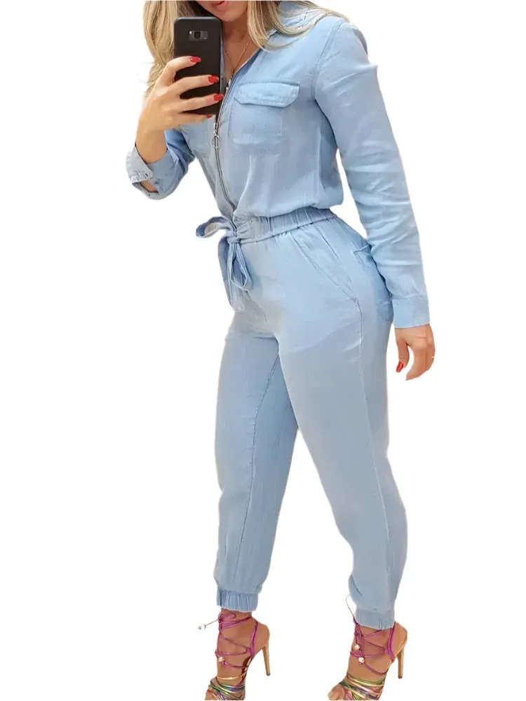 Zipper Pocket Design Long Sleeve Jumpsuit for Women - Slim Fit Lace-Up Waist Romper Casual Overalls