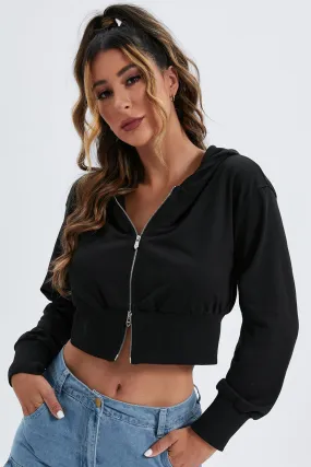 Zipper Up Drop Shoulder Crop Hoodie