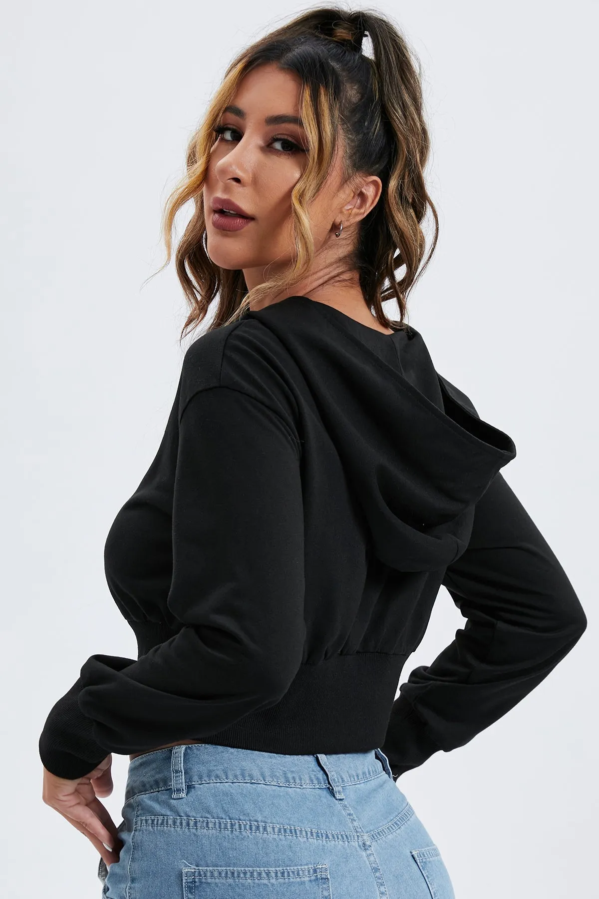 Zipper Up Drop Shoulder Crop Hoodie